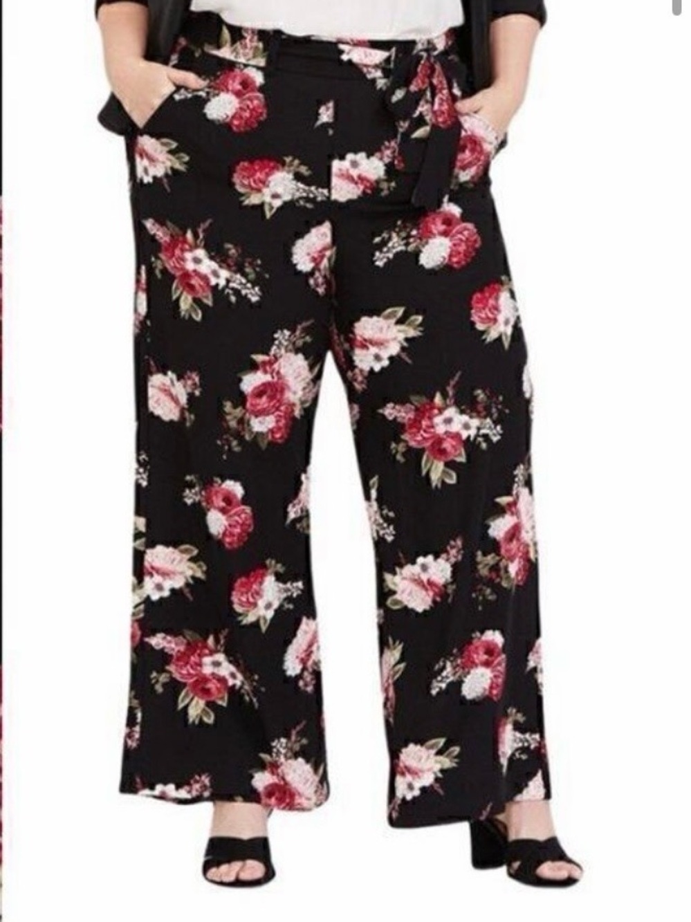 torrid Black Wide-Leg Floral Print Pants with Red and Pink Blooms